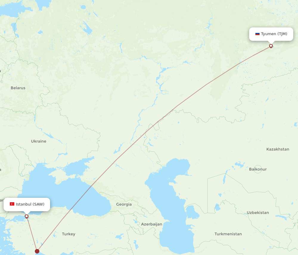 SAW to TJM flights and routes map