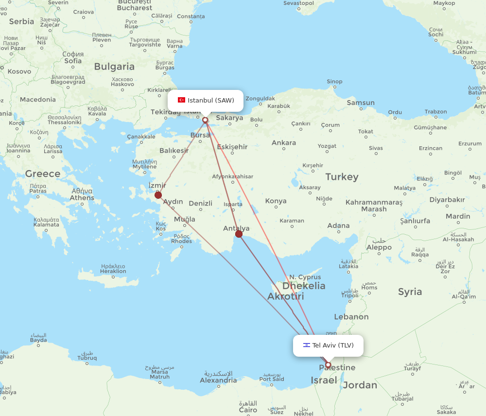 SAW to TLV flights and routes map