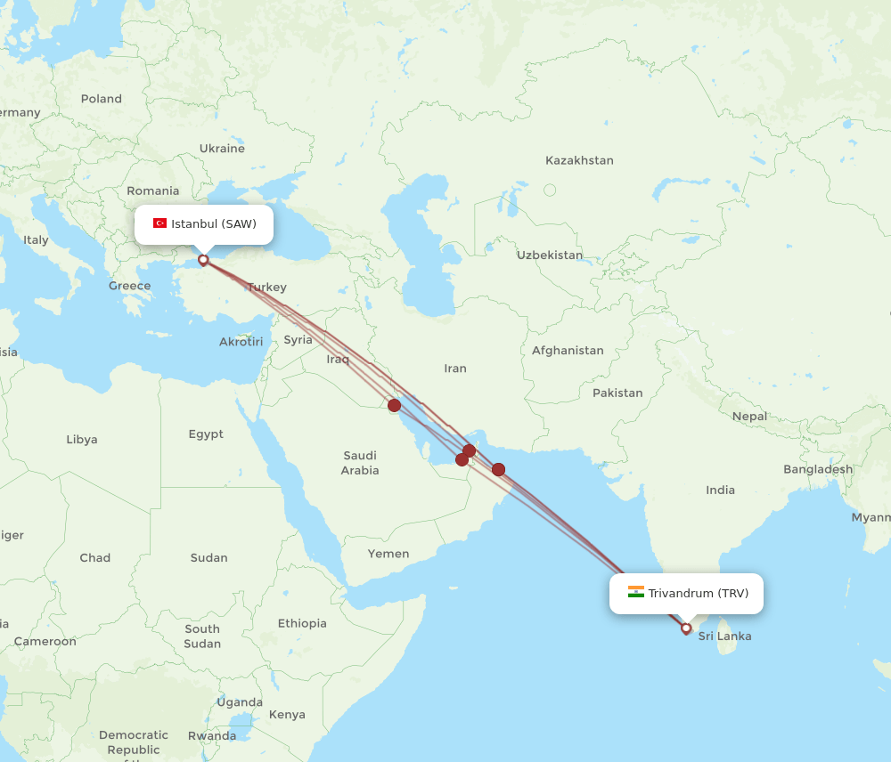 SAW to TRV flights and routes map