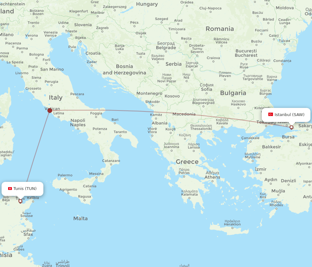 SAW to TUN flights and routes map