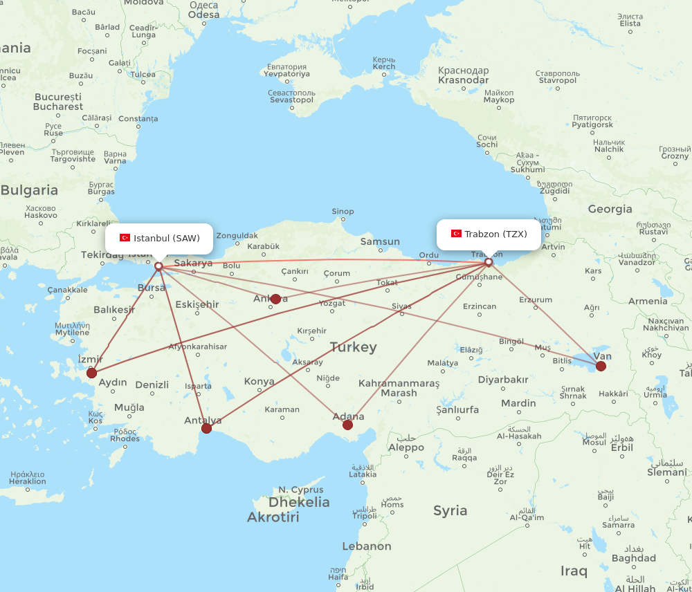 SAW to TZX flights and routes map