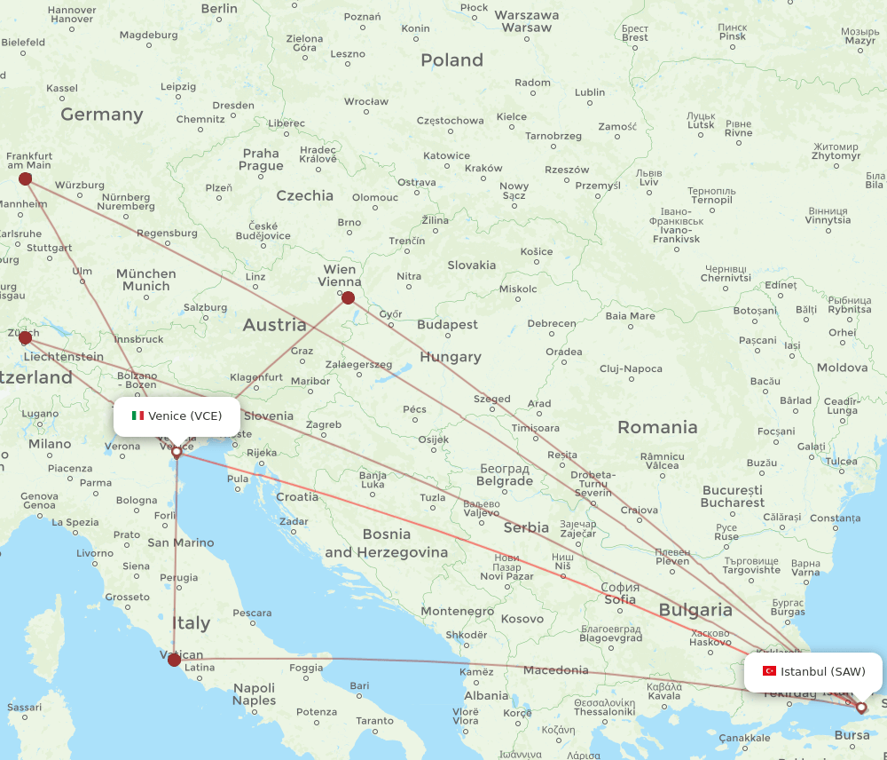 SAW to VCE flights and routes map