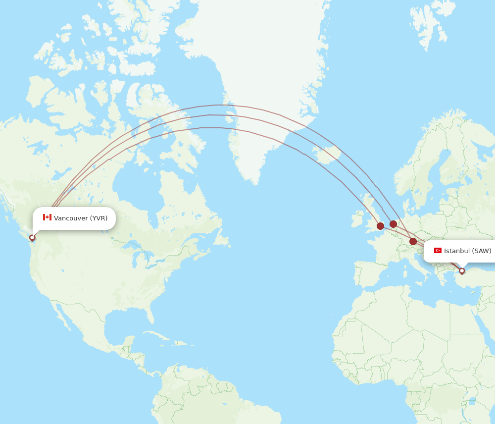 SAW-YVR flight routes