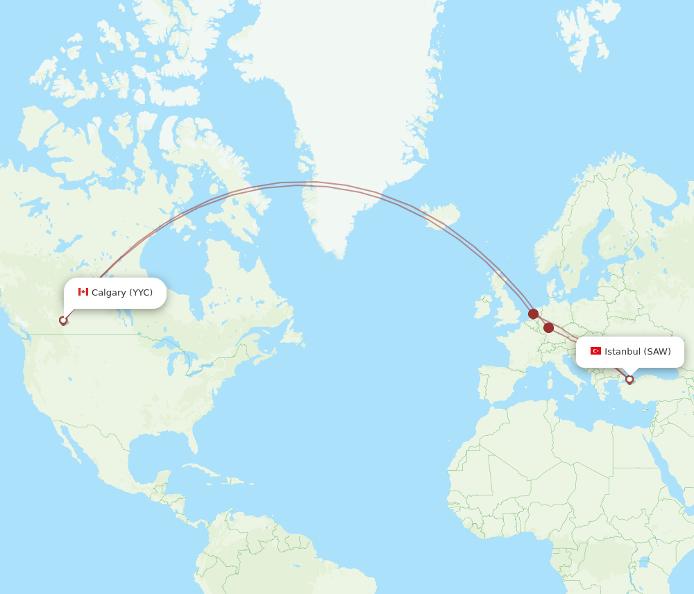 Calgary - Istanbul route map and flight paths