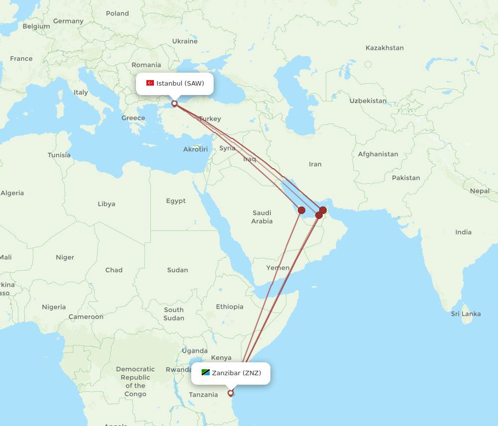 Zanzibar - Istanbul route map and flight paths