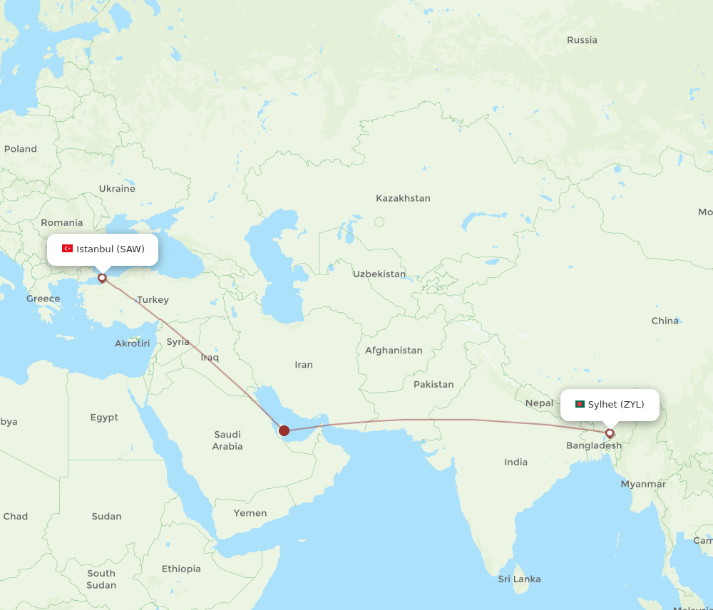 SAW-ZYL flight routes