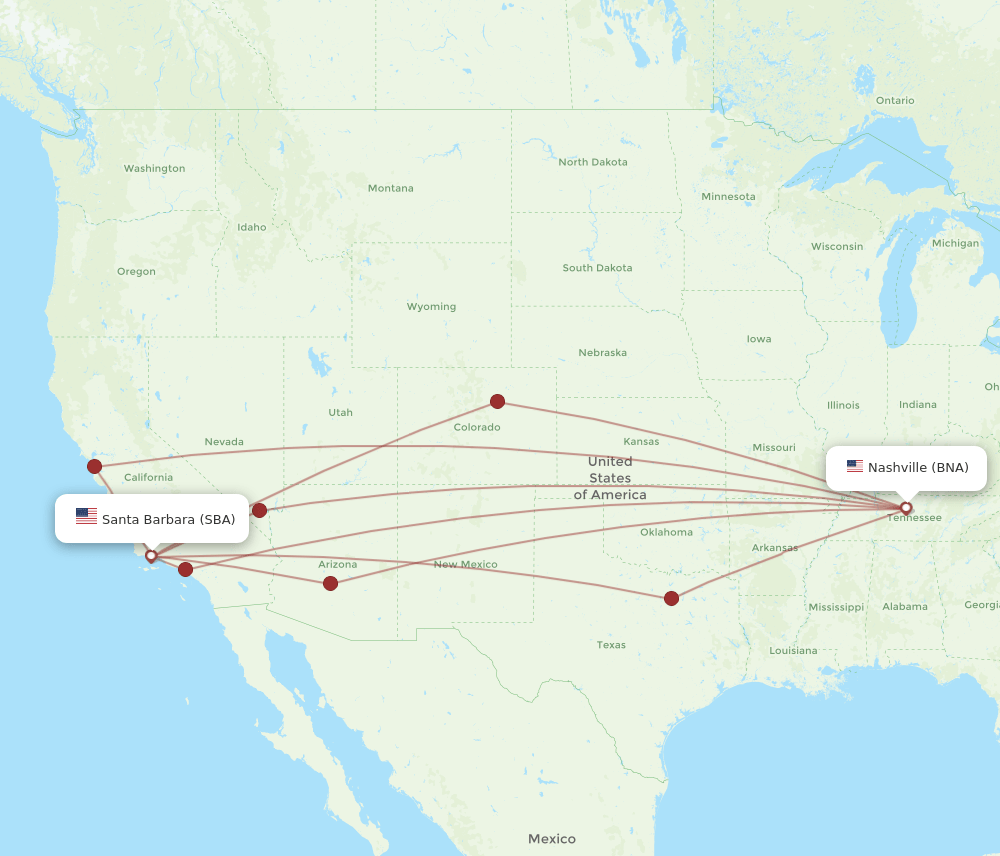SBA to BNA flights and routes map