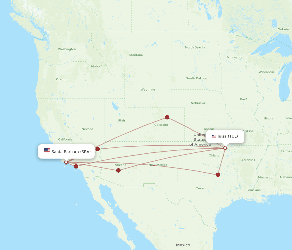 SBA to TUL flights and routes map