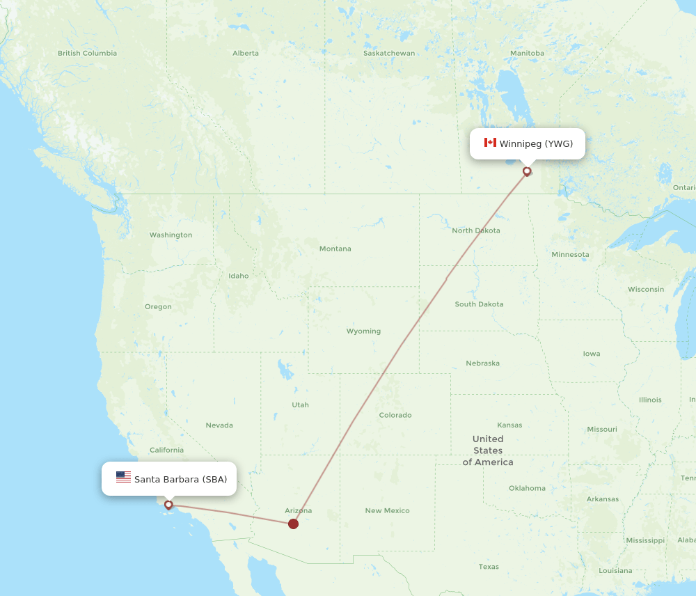 Winnipeg - Santa Barbara route map and flight paths