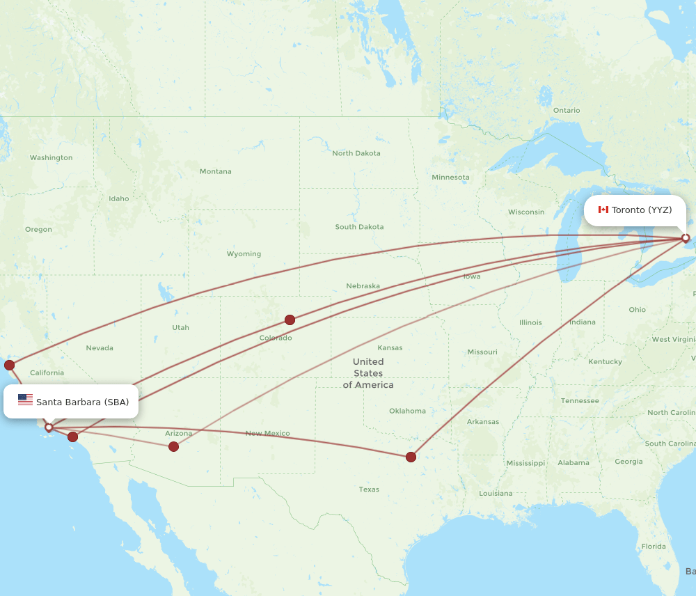 Toronto - Santa Barbara route map and flight paths
