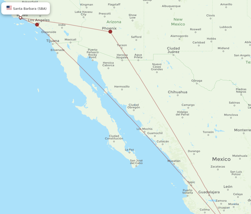 Ixtapa/Zihuatanejo - Santa Barbara route map and flight paths