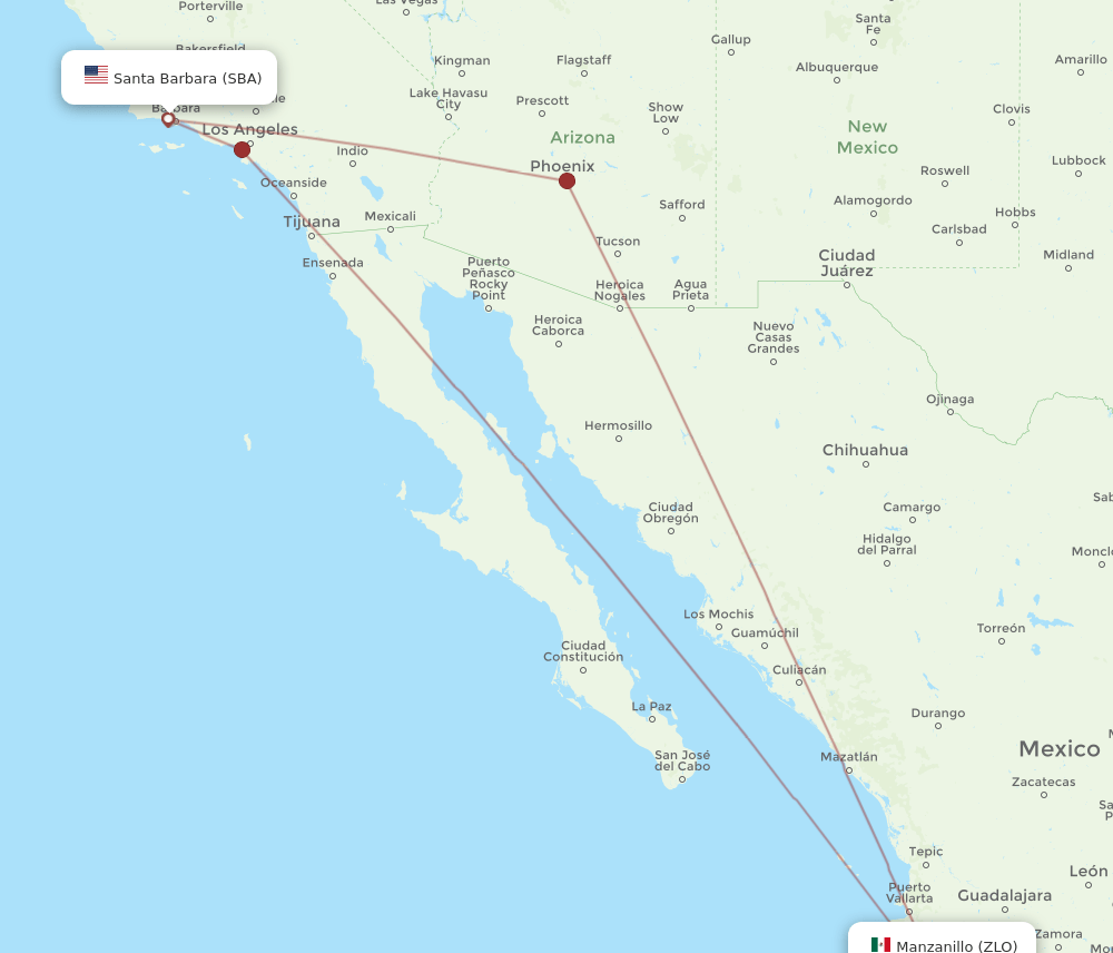 Manzanillo - Santa Barbara route map and flight paths