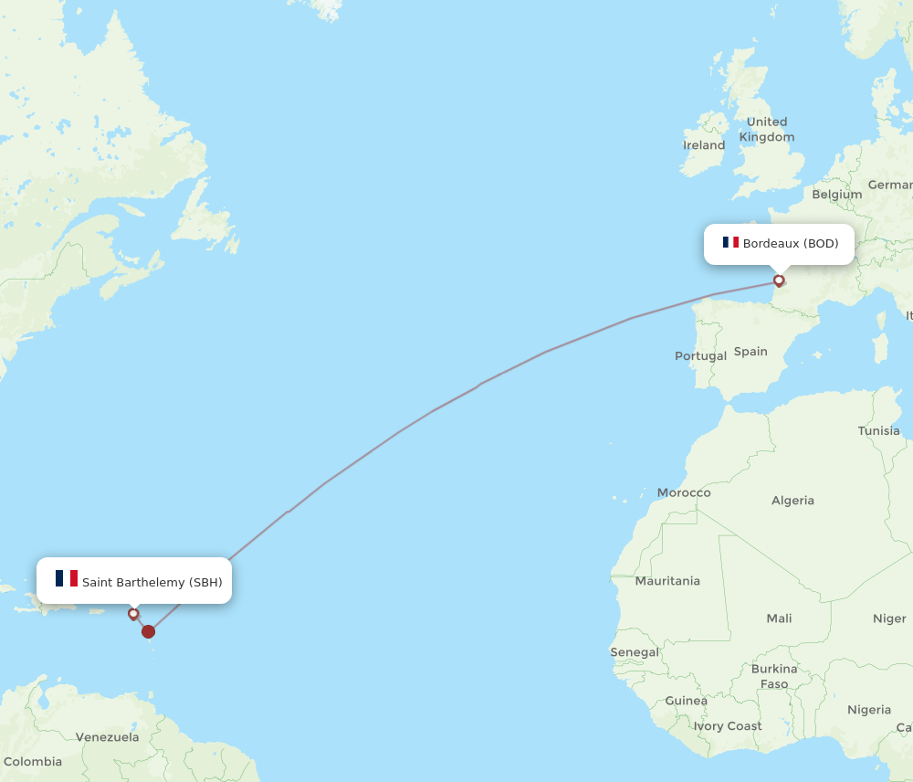 Saint Barthelemy - Bordeaux route map and flight paths