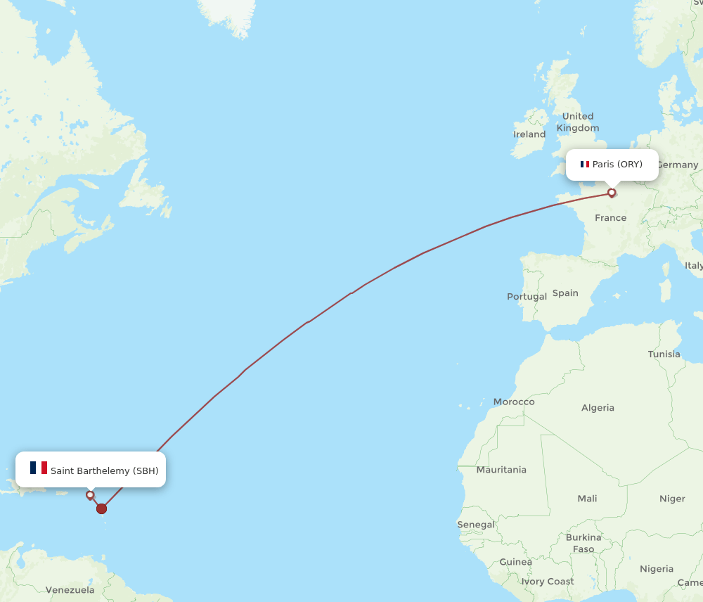 SBH to ORY flights and routes map