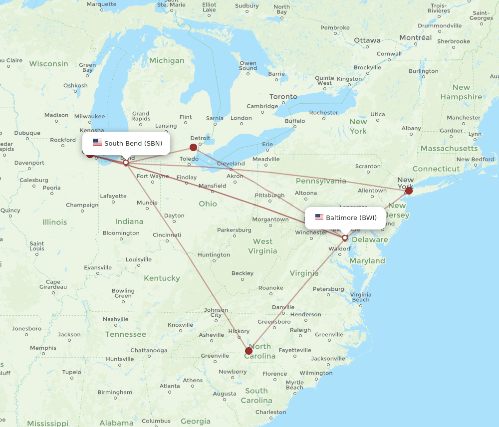 SBN-BWI flight routes
