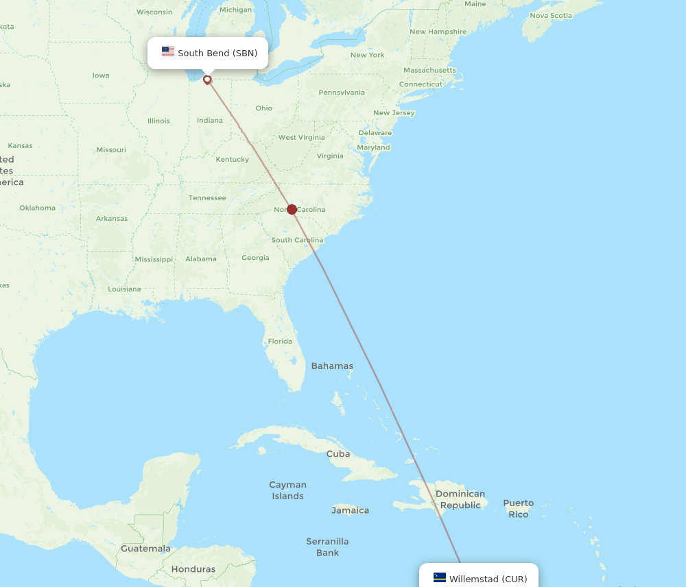 SBN to CUR flights and routes map