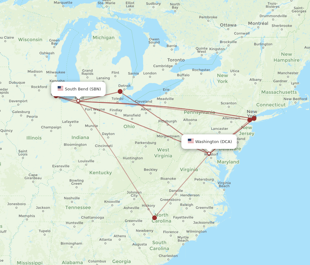 SBN-DCA flight routes