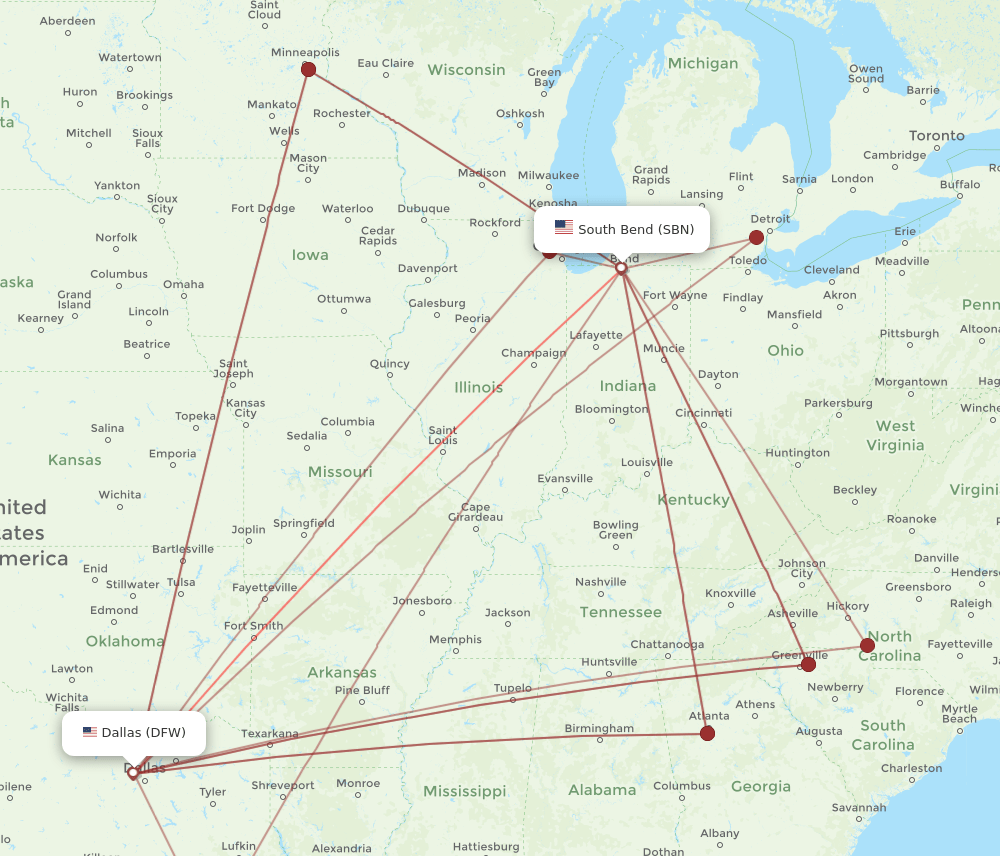 SBN-DFW flight routes