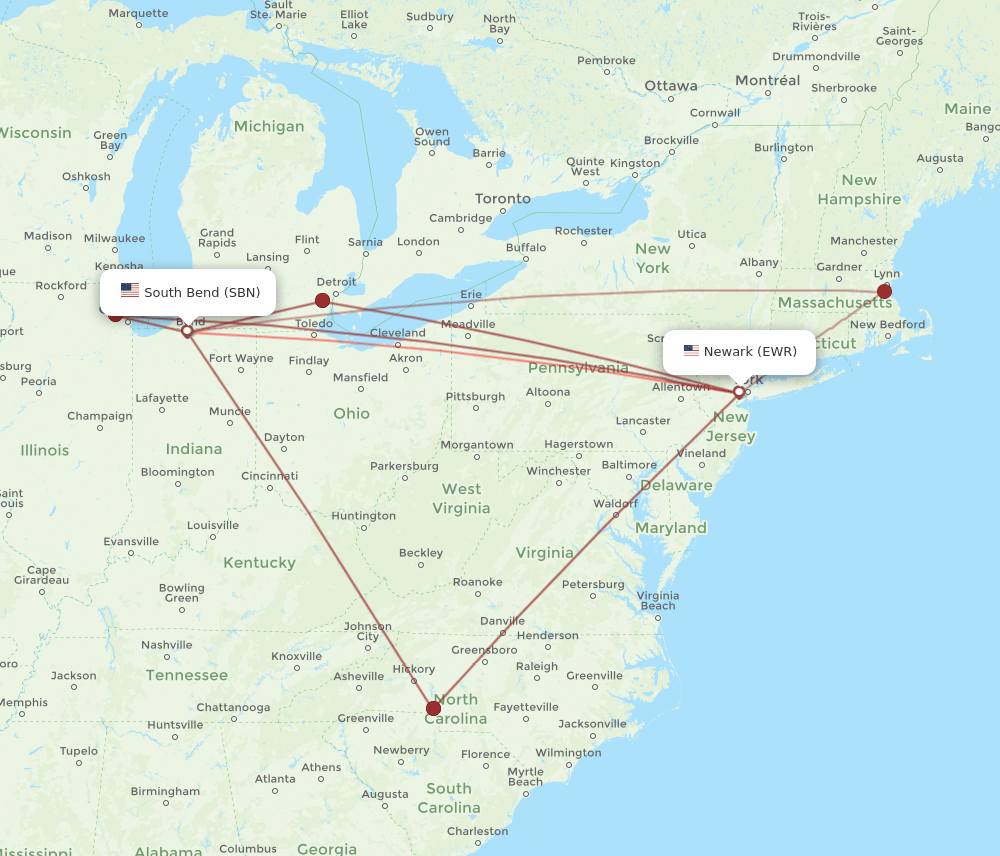 SBN-EWR flight routes
