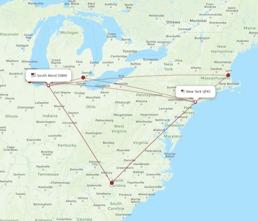 SBN-JFK flight routes