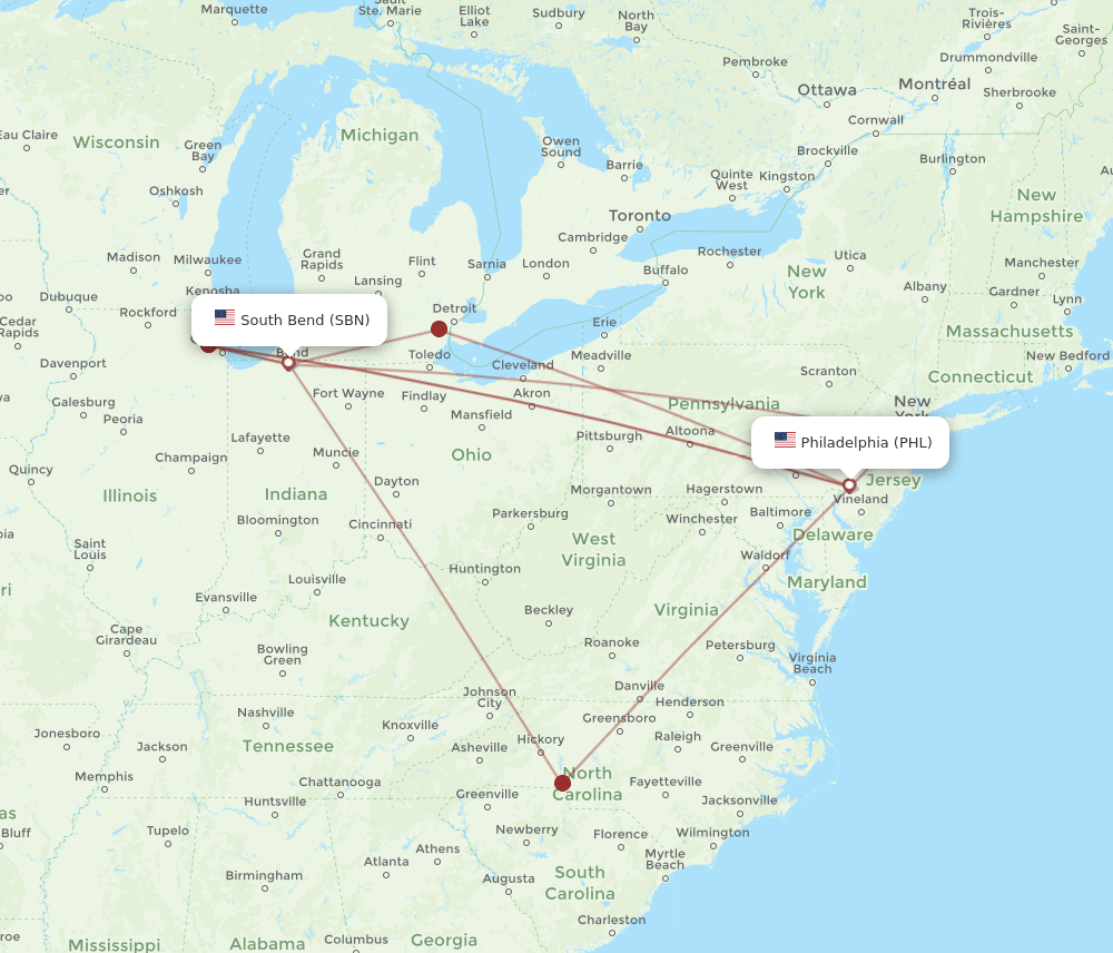SBN-PHL flight routes