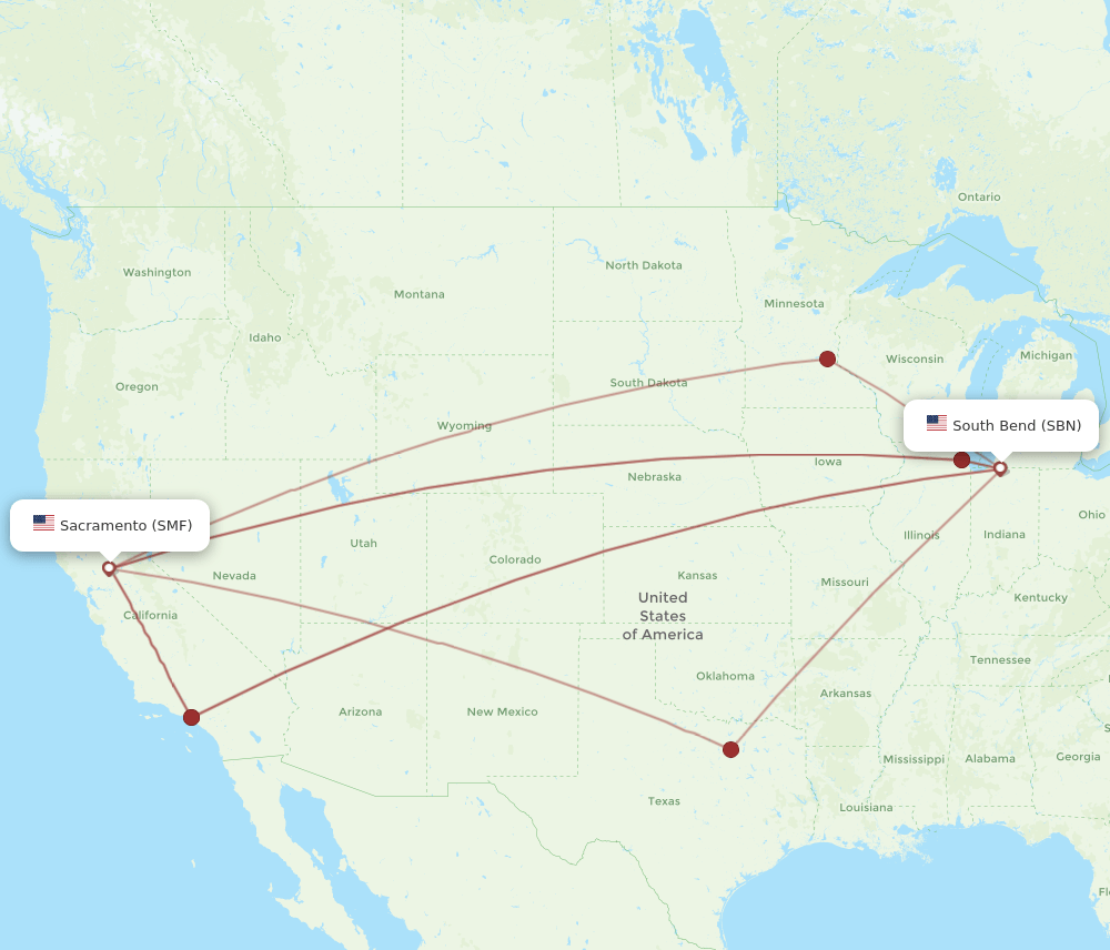 SBN to SMF flights and routes map