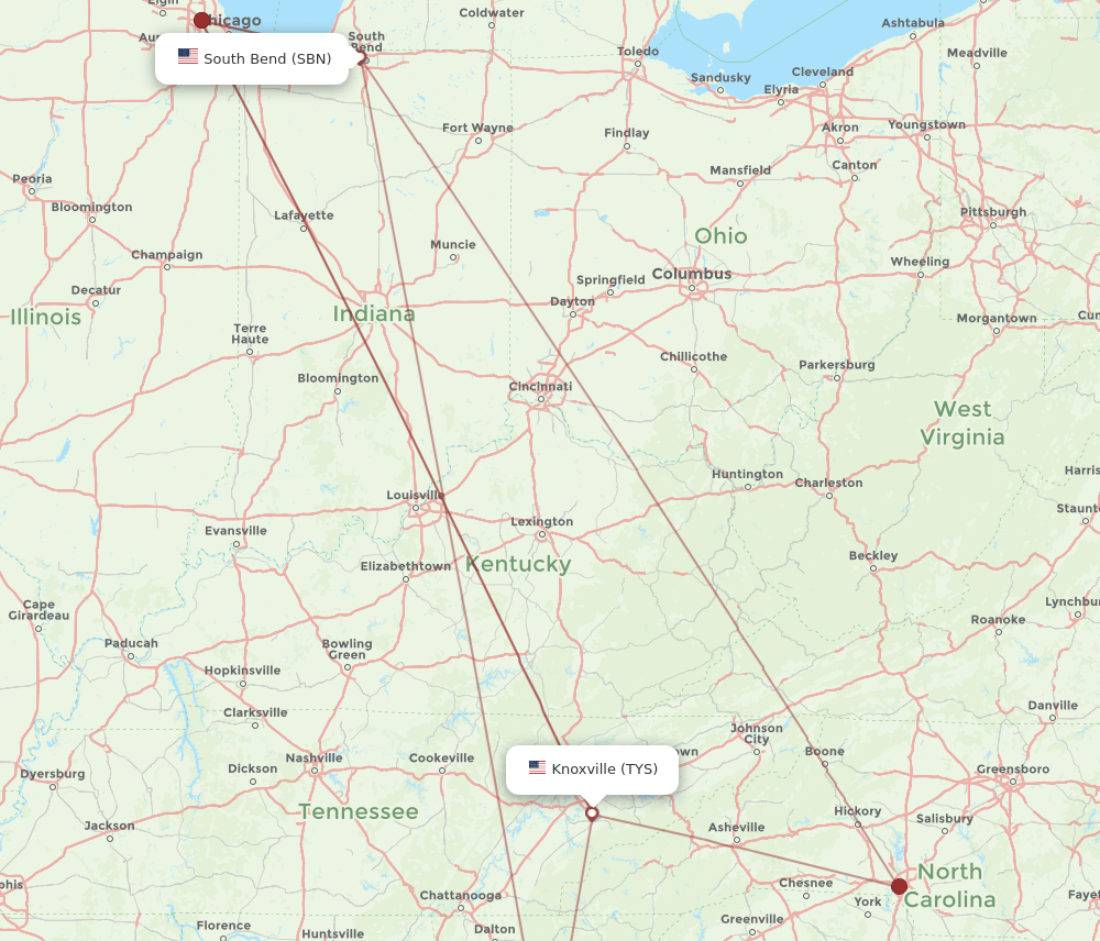 SBN to TYS flights and routes map