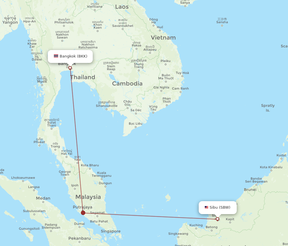 SBW to BKK flights and routes map