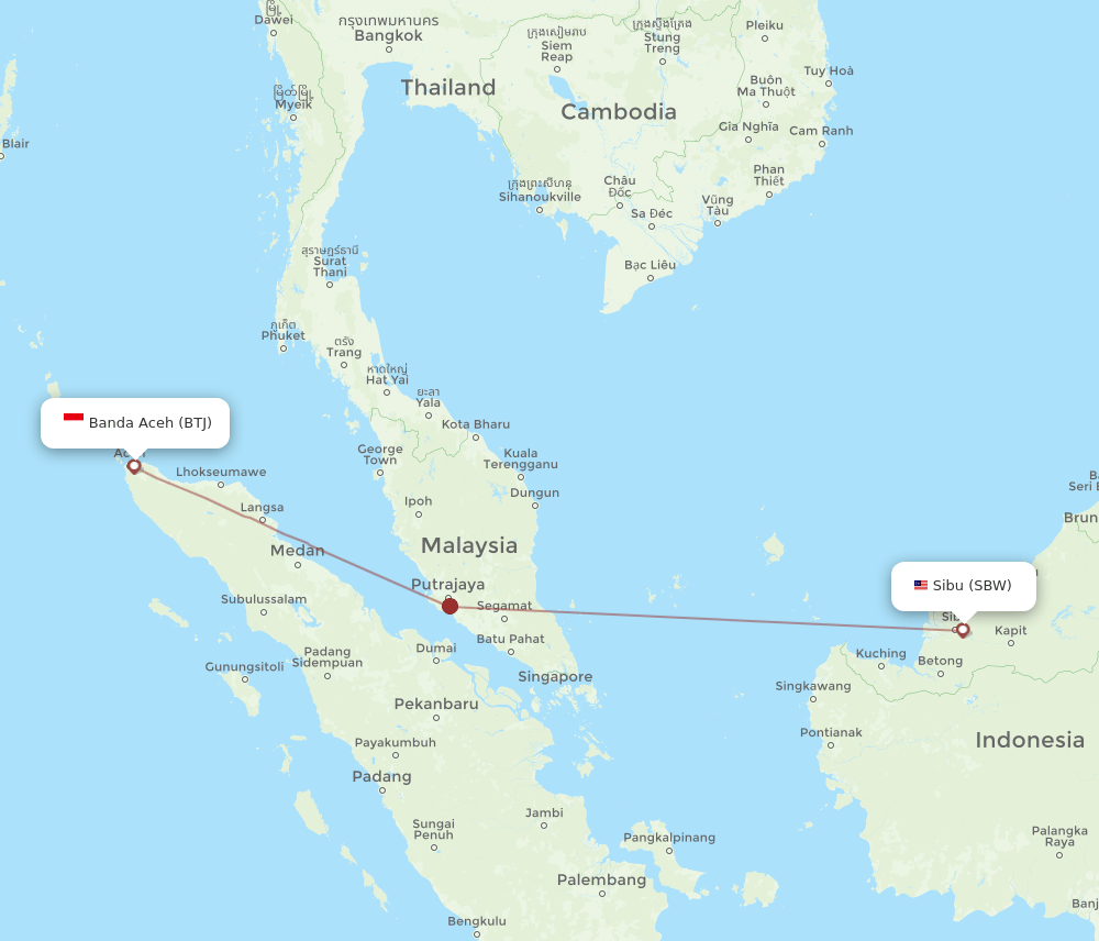 SBW to BTJ flights and routes map