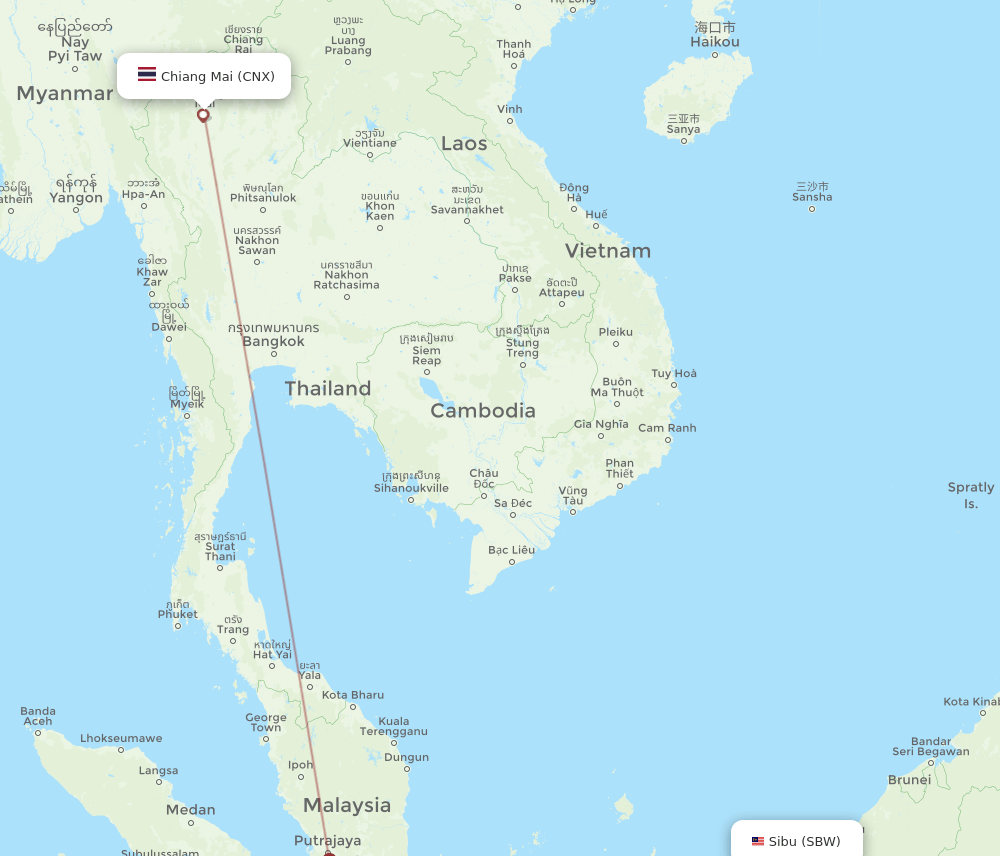 Chiang Mai - Sibu route map and flight paths