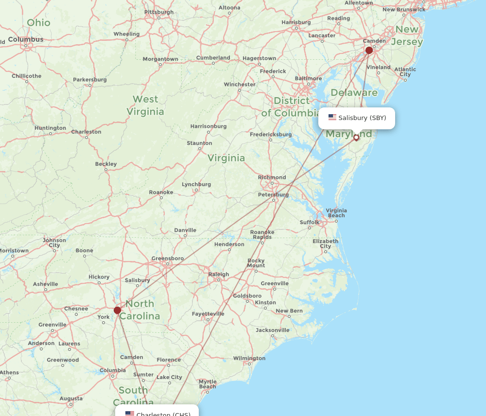 SBY-CHS flight routes
