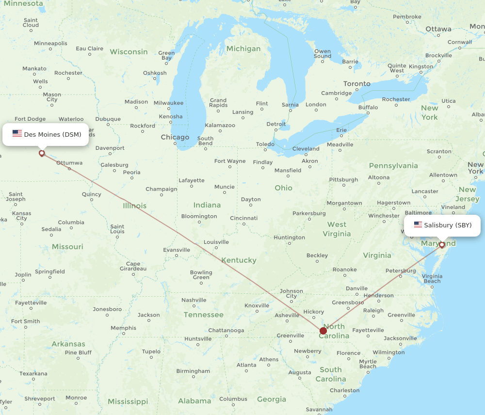 SBY-DSM flight routes