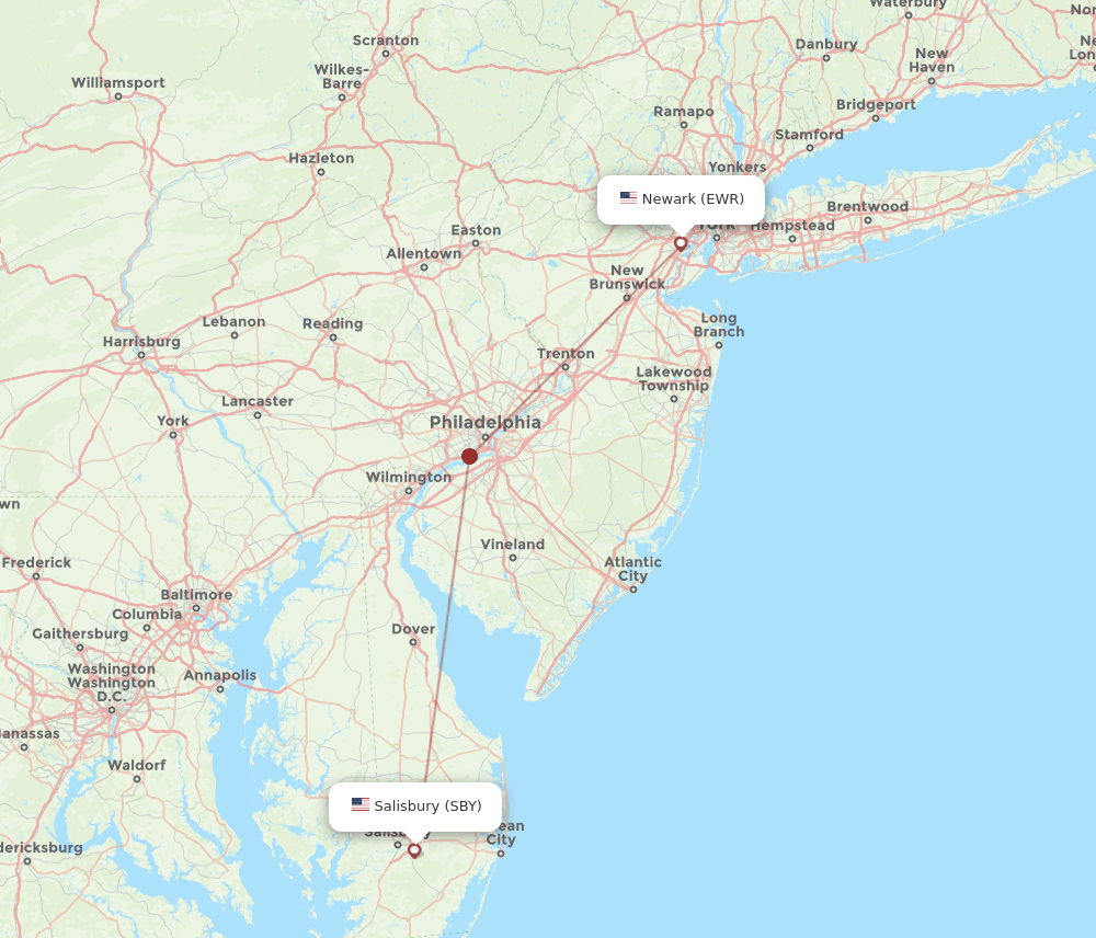 Salisbury-Ocean City - New York route map and flight paths