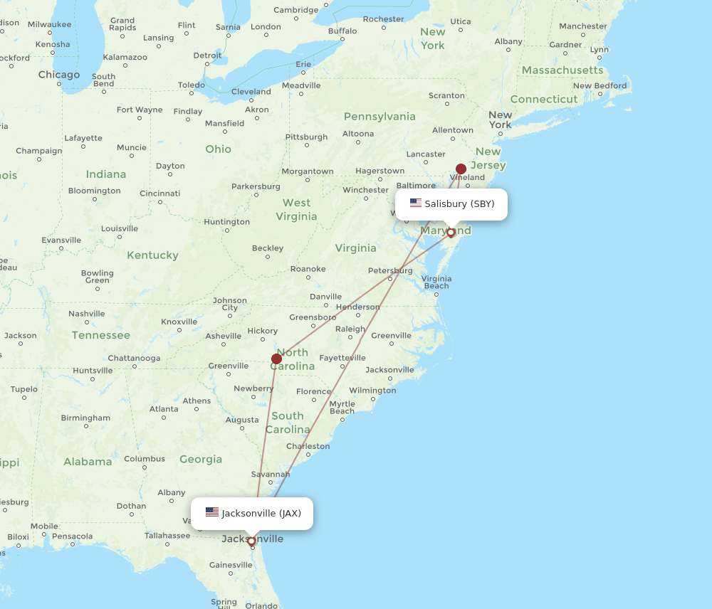 SBY to JAX flights and routes map