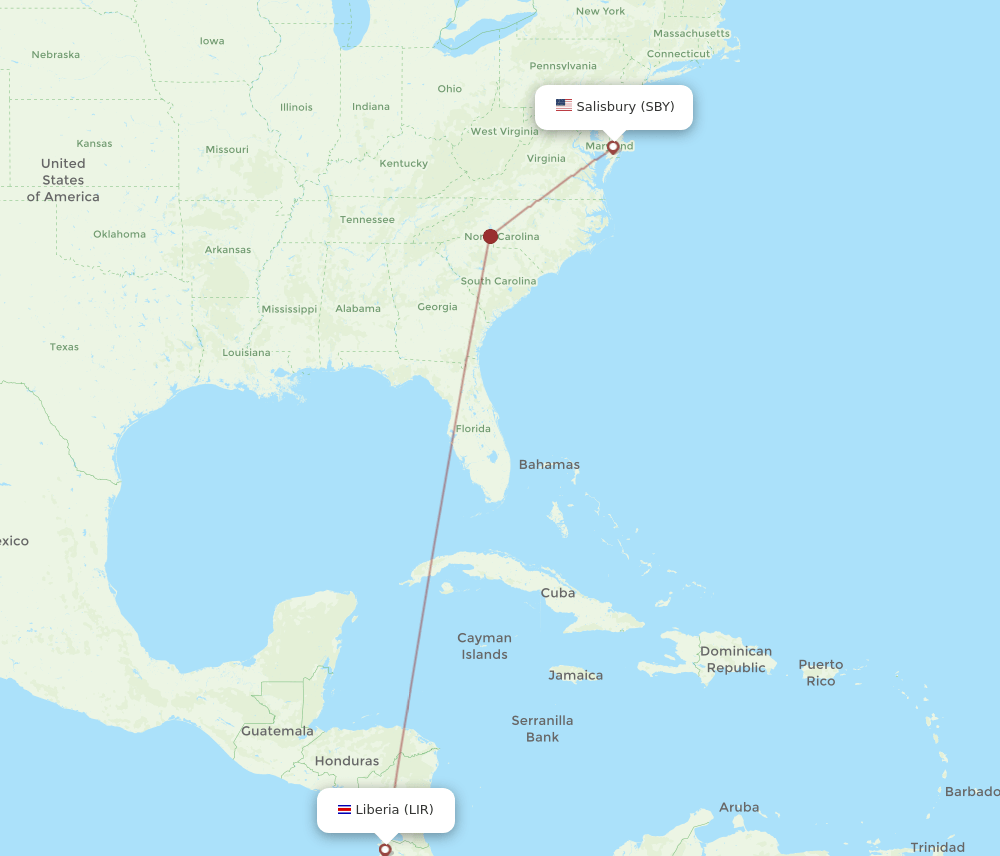 SBY to LIR flights and routes map