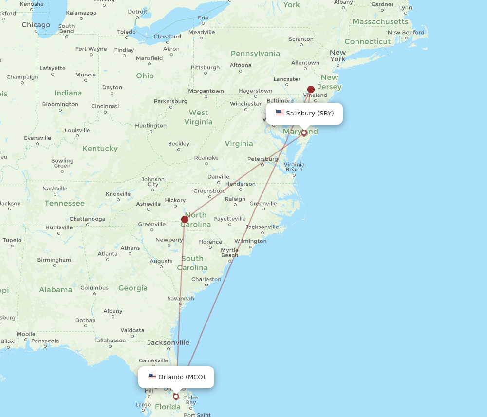 SBY to MCO flights and routes map
