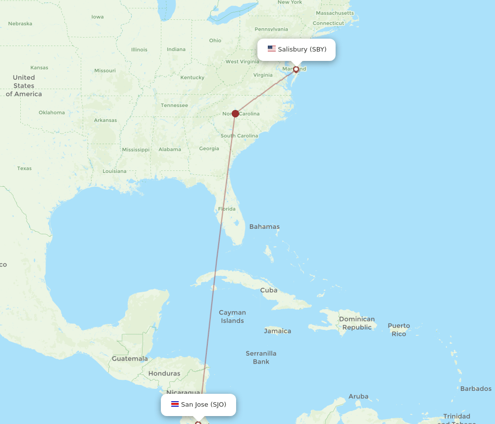 SBY to SJO flights and routes map