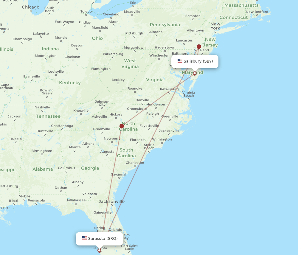 SBY to SRQ flights and routes map