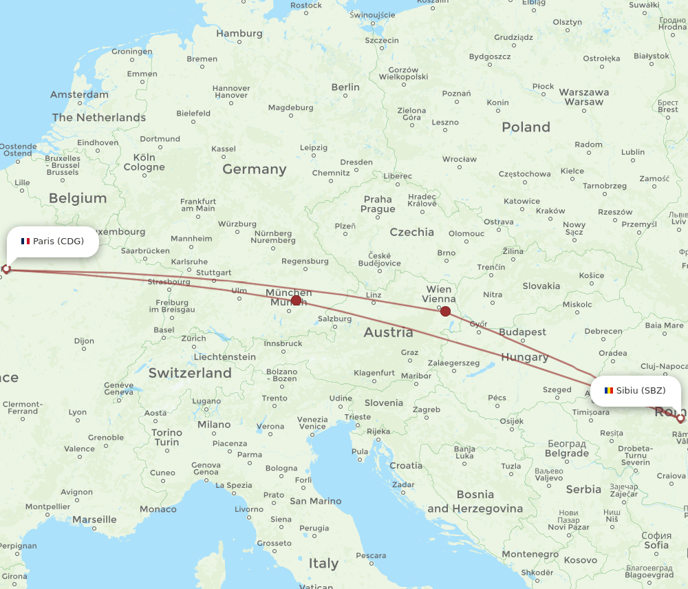 SBZ-CDG flight routes