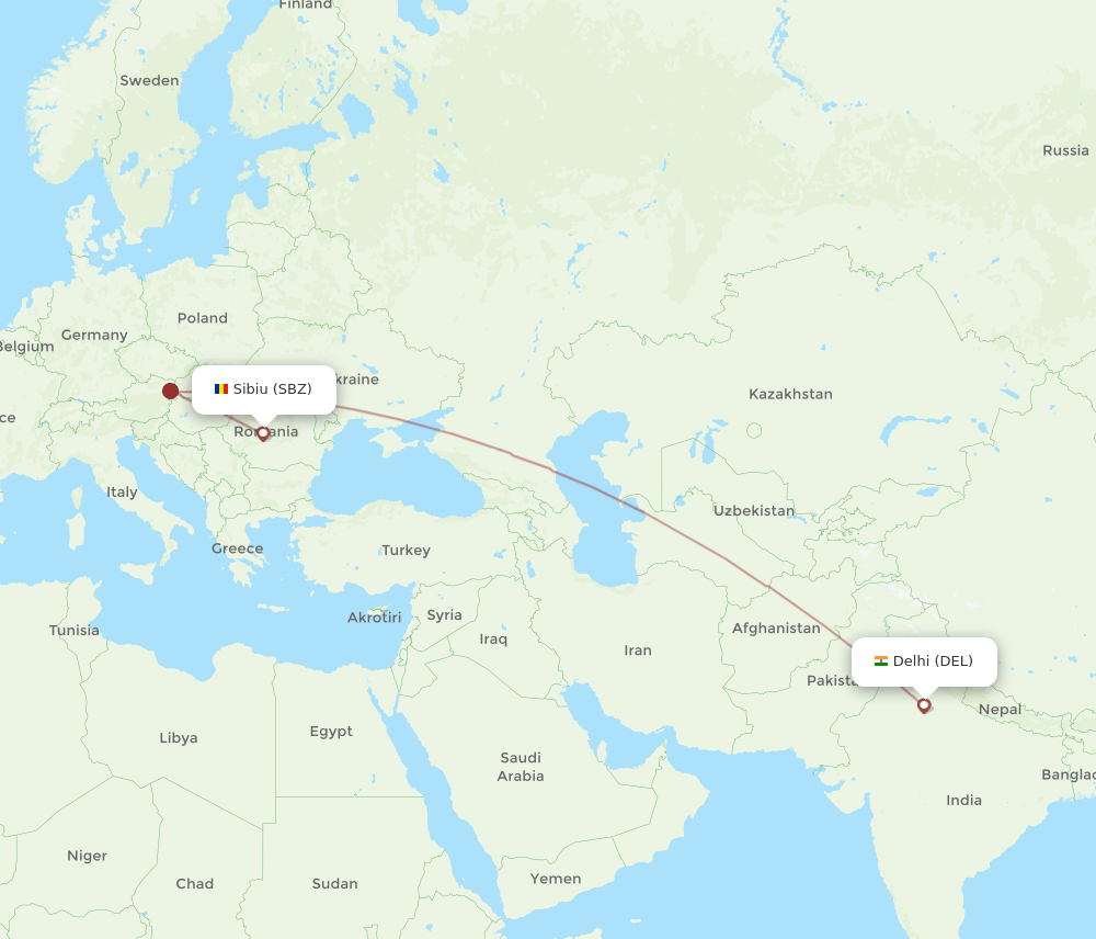 Delhi - Sibiu route map and flight paths