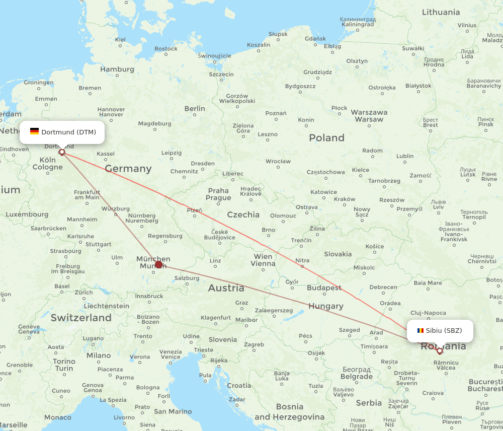 Sibiu - Dortmund route map and flight paths