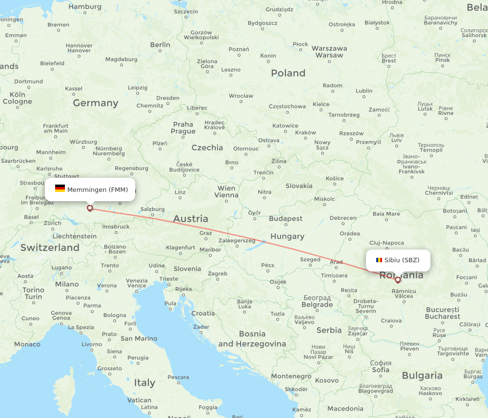 Sibiu - Memmingen route map and flight paths