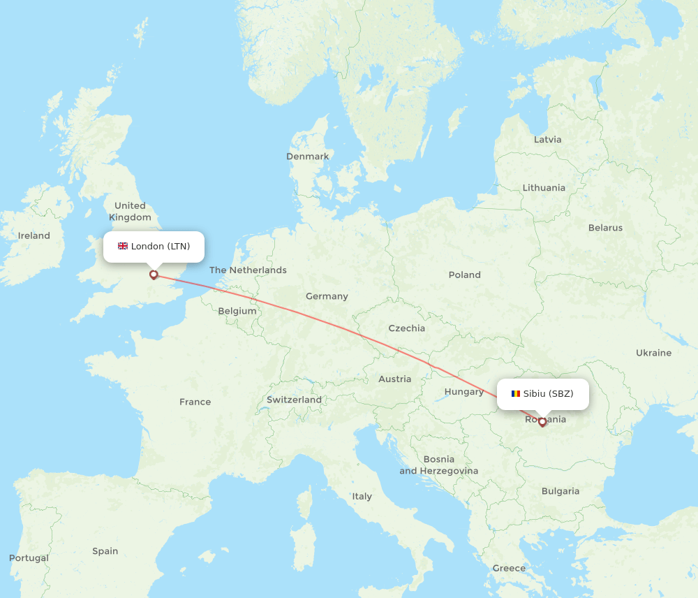 Sibiu - London route map and flight paths