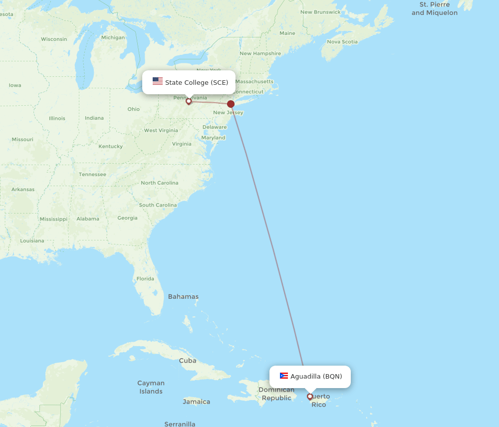 Aguadilla - State College route map and flight paths
