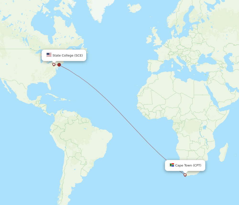 Cape Town - State College route map and flight paths