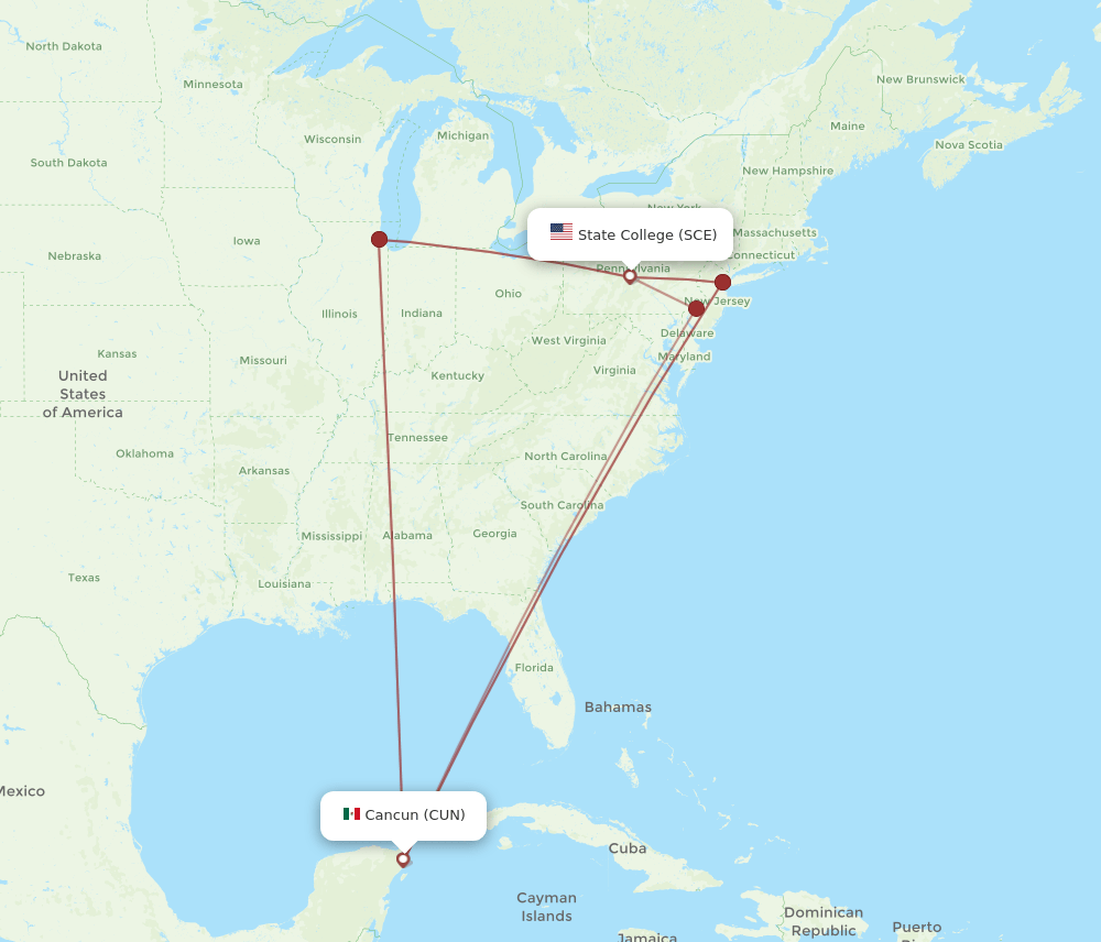 SCE to CUN flights and routes map