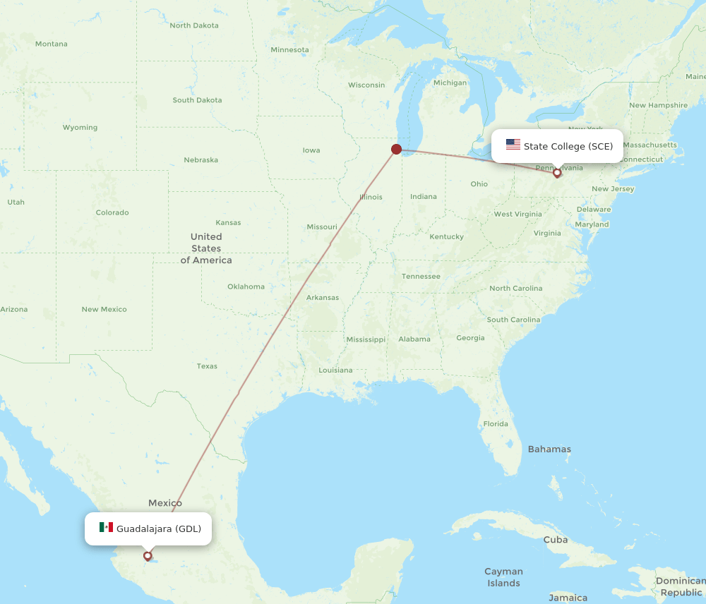 SCE to GDL flights and routes map