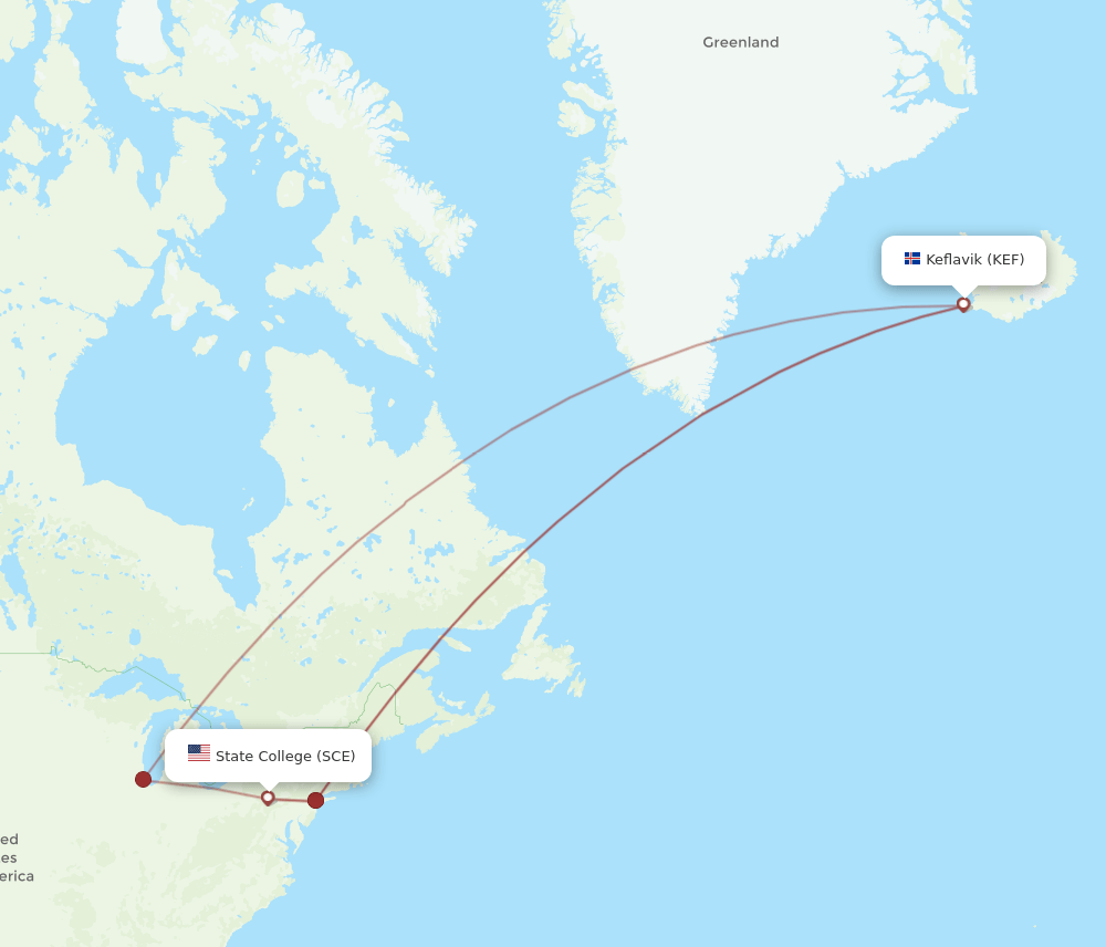 SCE-KEF flight routes