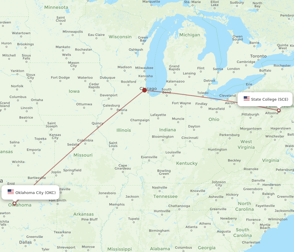 SCE-OKC flight routes