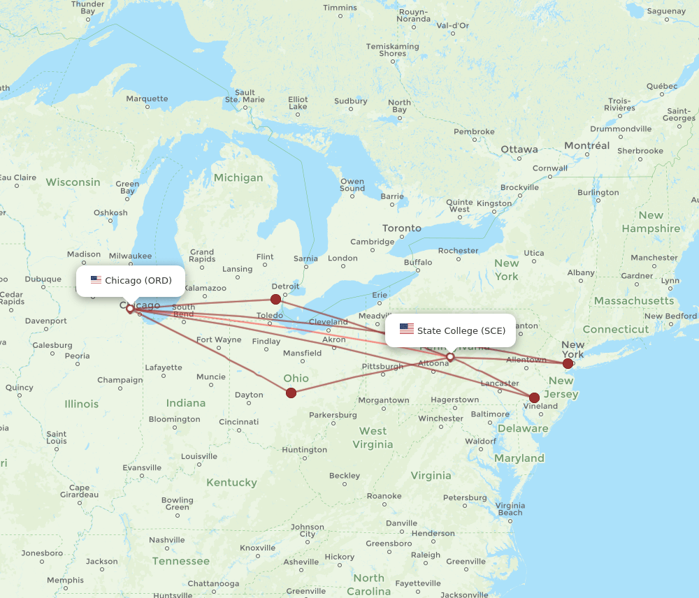 SCE to ORD flights and routes map